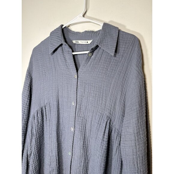 ZARA Crinkle Cotton Beach A-Line Button Down Tunic Shirt Dress Grey/Blue Medium - Picture 2 of 7